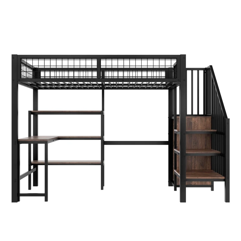 Letto a soppalco 90x200 con scrivania; armadio e scaffali in metallo e MDF nero e marrone