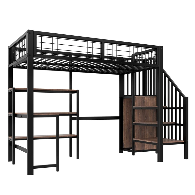 Letto a soppalco 90x200 con scrivania; armadio e scaffali in metallo e MDF nero e marrone