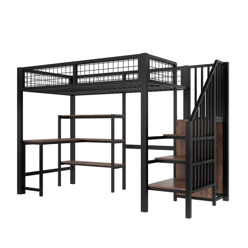 Letto a soppalco 90x200 con scrivania; armadio e scaffali in metallo e MDF nero e marrone