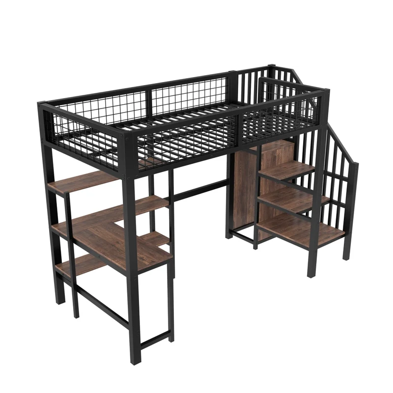 Letto a soppalco 90x200 con scrivania; armadio e scaffali in metallo e MDF nero e marrone
