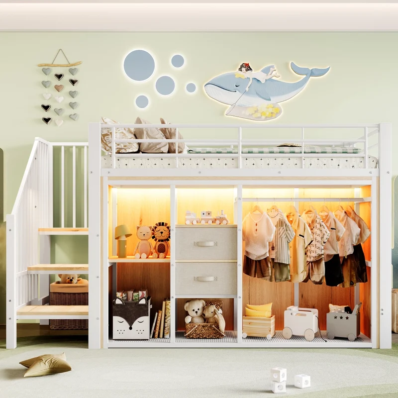 Letto rialzato 90x200 con contenitore; armadio aperto; 2 cassetti e LED multicolore; struttura metallo e MDF bianca