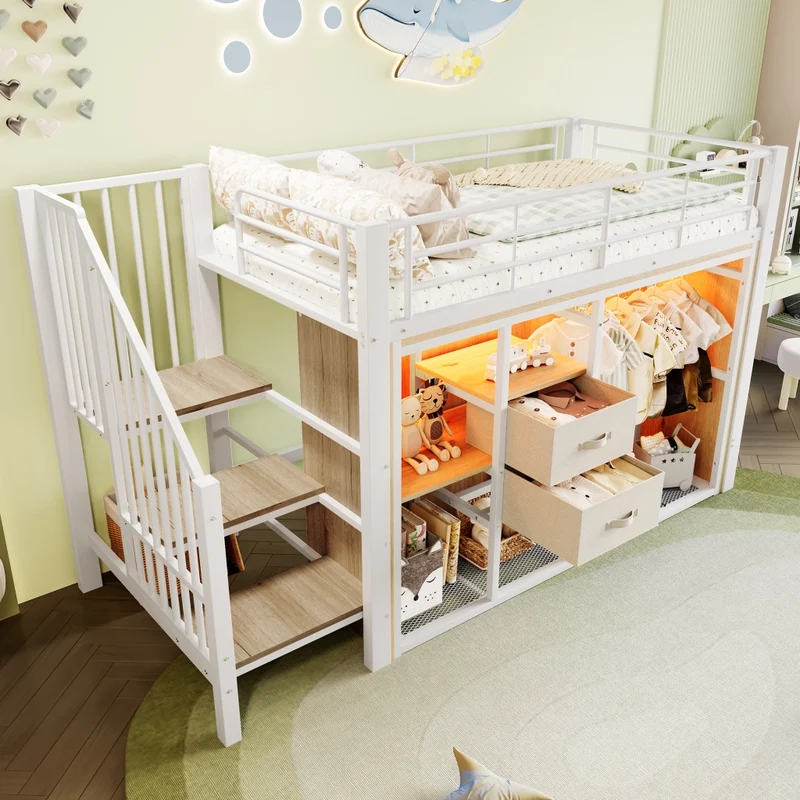 Letto rialzato 90x200 con contenitore; armadio aperto; 2 cassetti e LED multicolore; struttura metallo e MDF bianca
