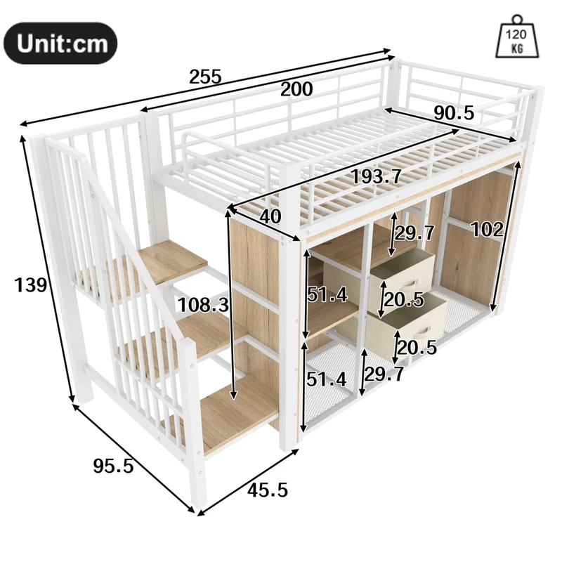Letto rialzato 90x200 con contenitore; armadio aperto; 2 cassetti e LED multicolore; struttura metallo e MDF bianca