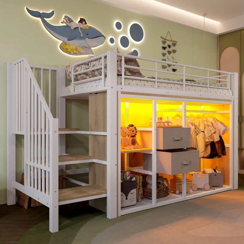 Letto rialzato 90x200 con contenitore; armadio aperto; 2 cassetti e LED multicolore; struttura metallo e MDF bianca