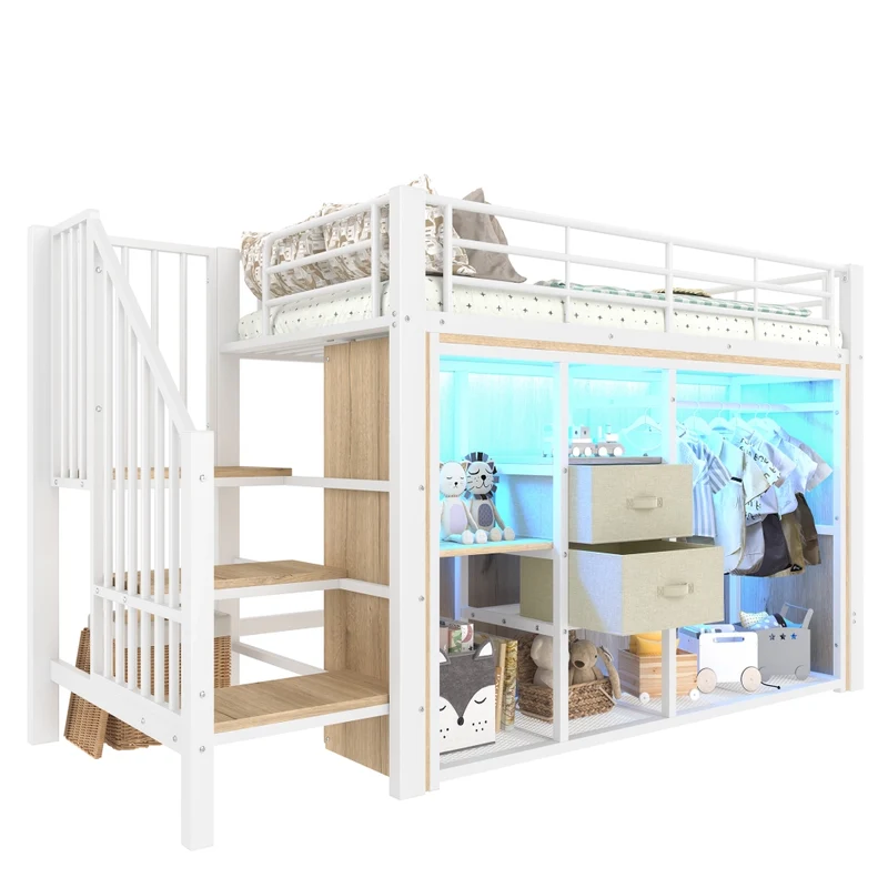 Letto rialzato 90x200 con contenitore; armadio aperto; 2 cassetti e LED multicolore; struttura metallo e MDF bianca