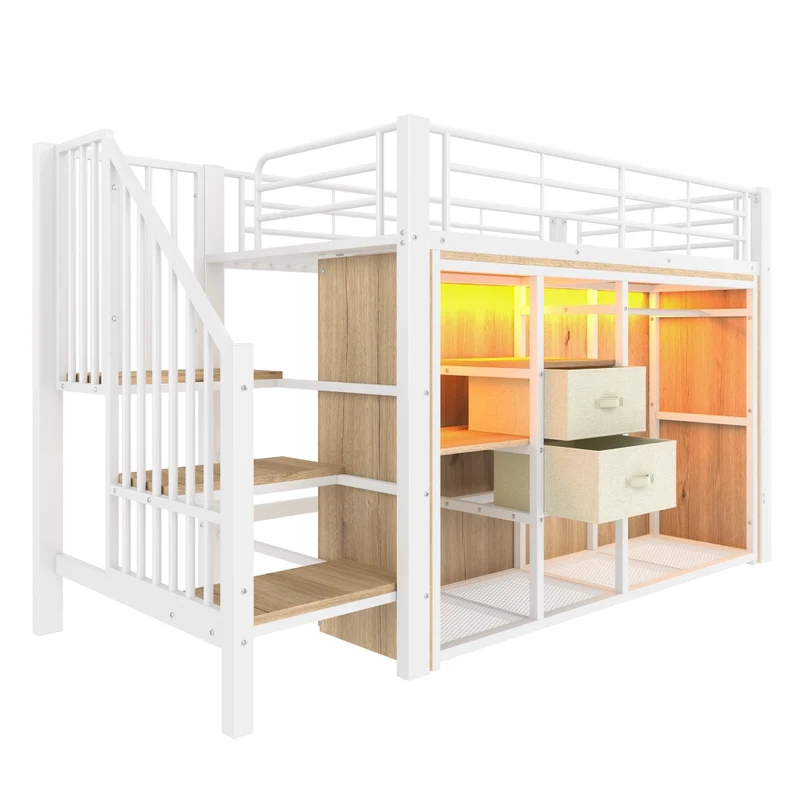 Letto rialzato 90x200 con contenitore; armadio aperto; 2 cassetti e LED multicolore; struttura metallo e MDF bianca