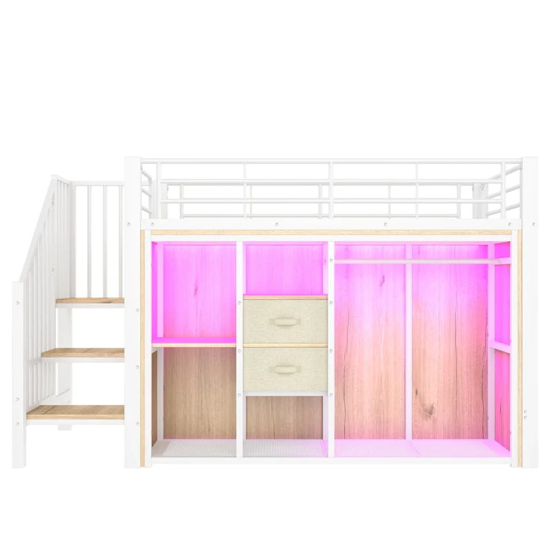 Letto rialzato 90x200 con contenitore; armadio aperto; 2 cassetti e LED multicolore; struttura metallo e MDF bianca