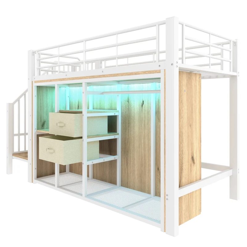Letto rialzato 90x200 con contenitore; armadio aperto; 2 cassetti e LED multicolore; struttura metallo e MDF bianca