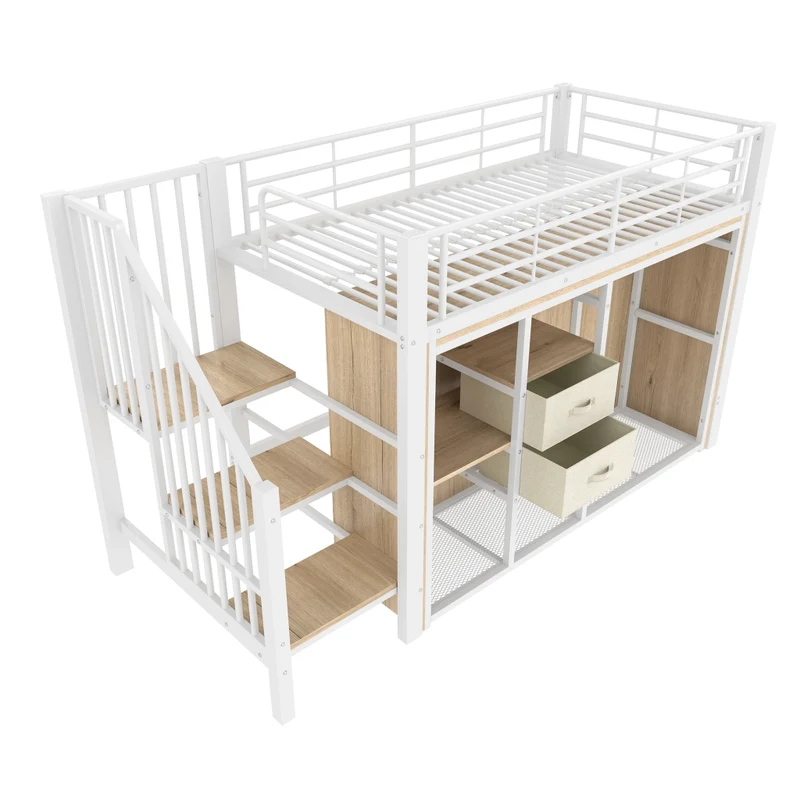 Letto rialzato 90x200 con contenitore; armadio aperto; 2 cassetti e LED multicolore; struttura metallo e MDF bianca