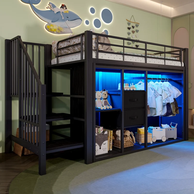 Letto semialto 90x200 cm in metallo e MDF; con due cassetti; armadio aperto e luci LED multicolore; nero