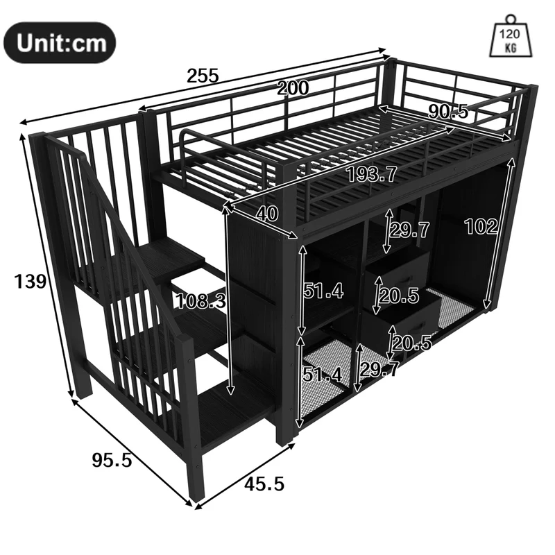 Letto semialto 90x200 cm in metallo e MDF; con due cassetti; armadio aperto e luci LED multicolore; nero