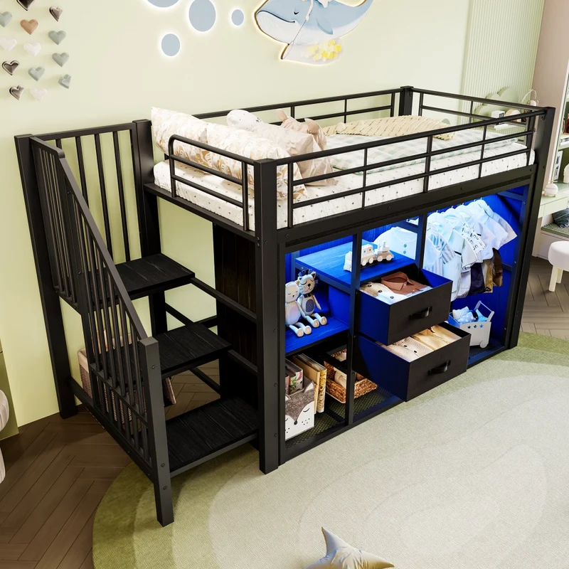 Letto semialto 90x200 cm in metallo e MDF; con due cassetti; armadio aperto e luci LED multicolore; nero