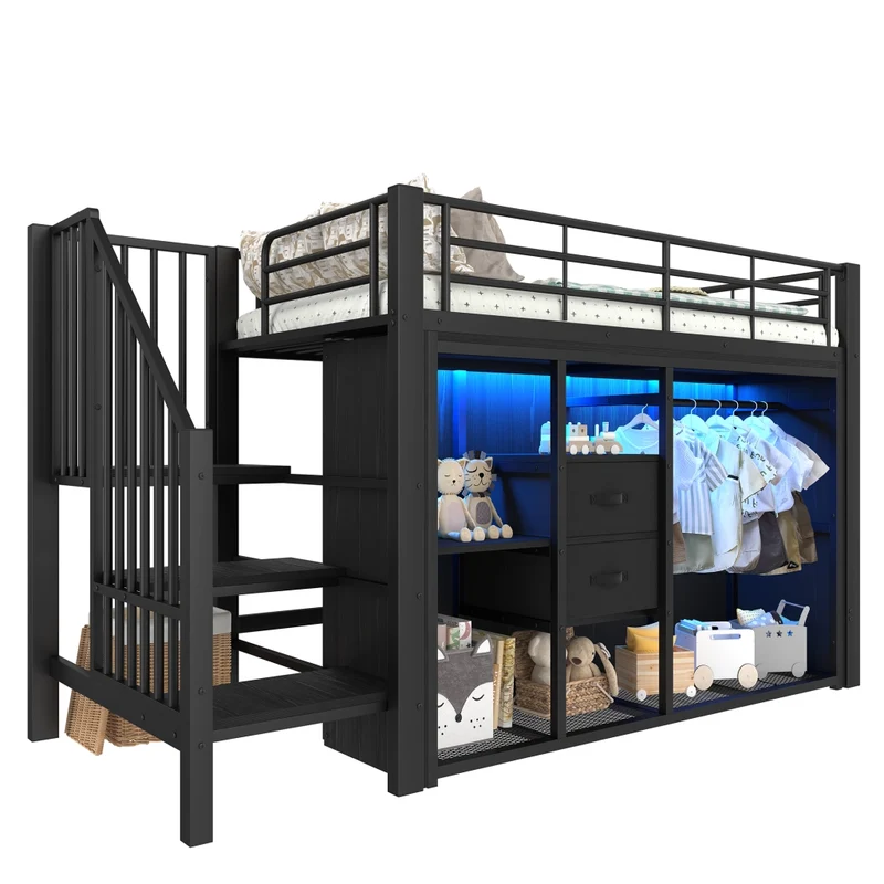 Letto semialto 90x200 cm in metallo e MDF; con due cassetti; armadio aperto e luci LED multicolore; nero