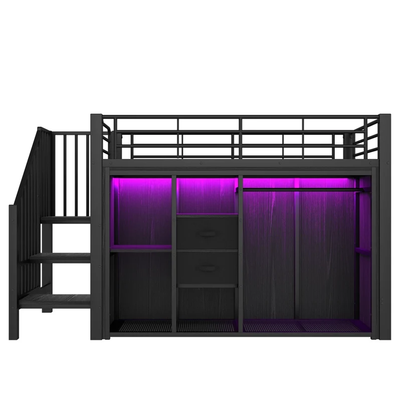 Letto semialto 90x200 cm in metallo e MDF; con due cassetti; armadio aperto e luci LED multicolore; nero