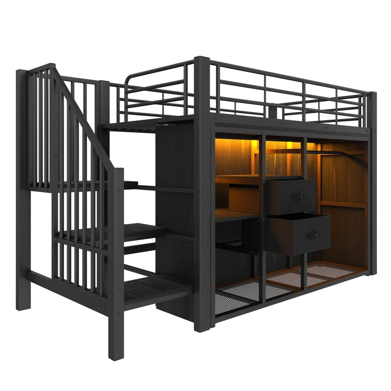 Letto semialto 90x200 cm in metallo e MDF; con due cassetti; armadio aperto e luci LED multicolore; nero