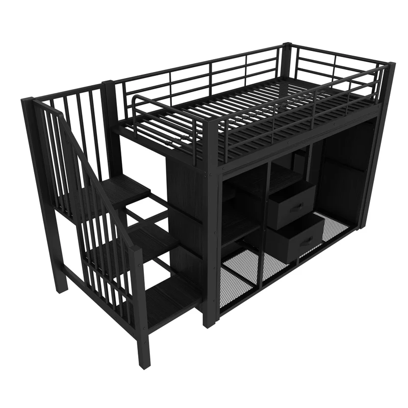 Letto semialto 90x200 cm in metallo e MDF; con due cassetti; armadio aperto e luci LED multicolore; nero