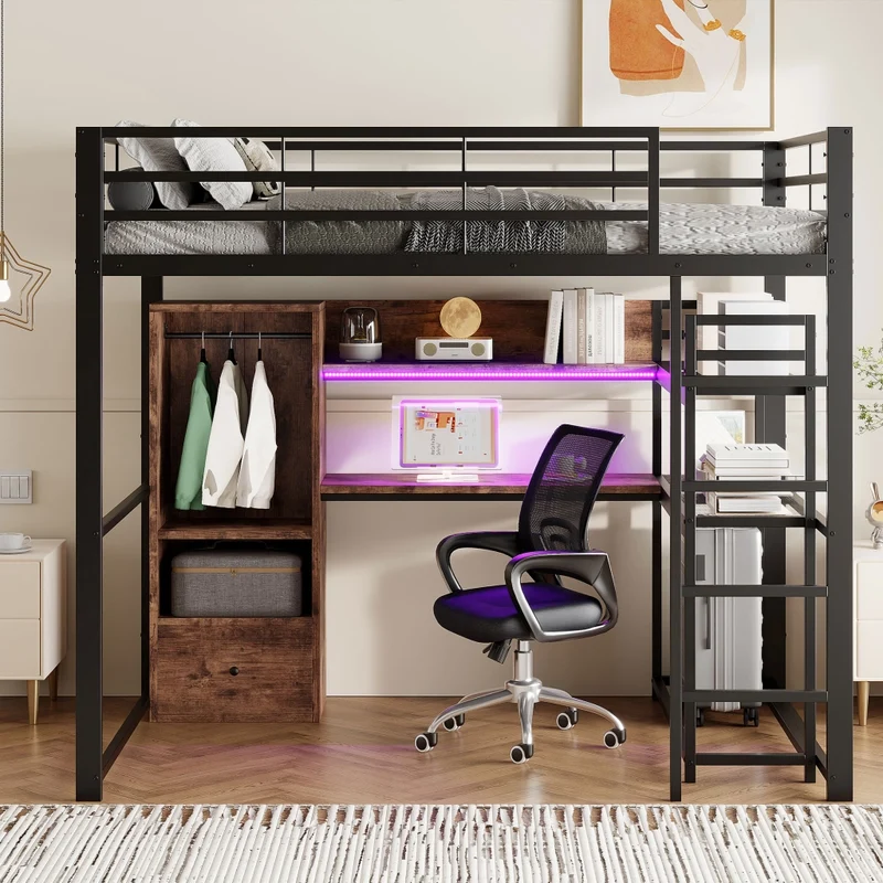 Letto a soppalco 140x200 con scrivania; struttura in metallo e MDF; LED; scala e contenitori; nero