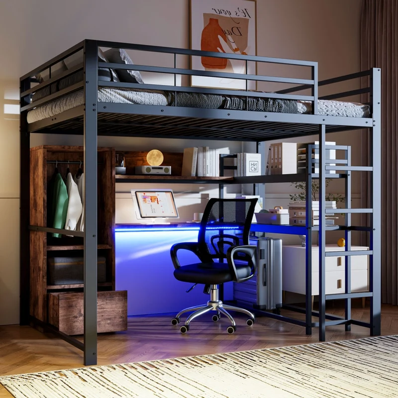 Letto a soppalco 140x200 con scrivania; struttura in metallo e MDF; LED; scala e contenitori; nero