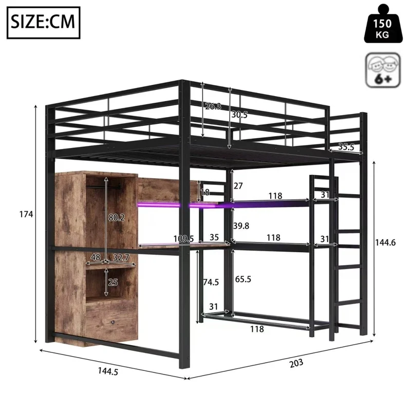 Letto a soppalco 140x200 con scrivania; struttura in metallo e MDF; LED; scala e contenitori; nero