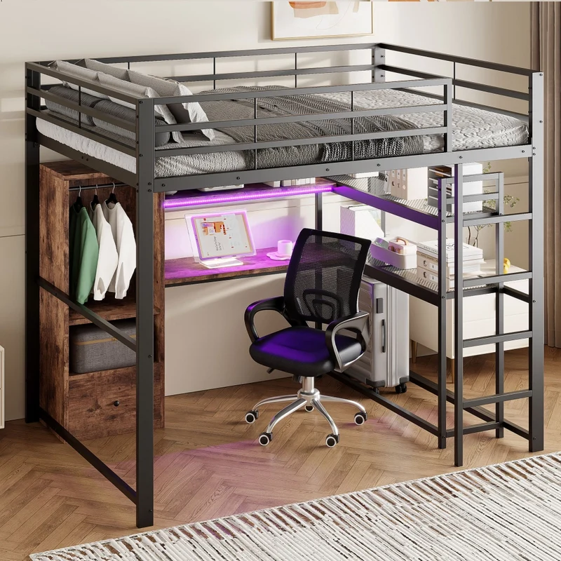 Letto a soppalco 140x200 con scrivania; struttura in metallo e MDF; LED; scala e contenitori; nero