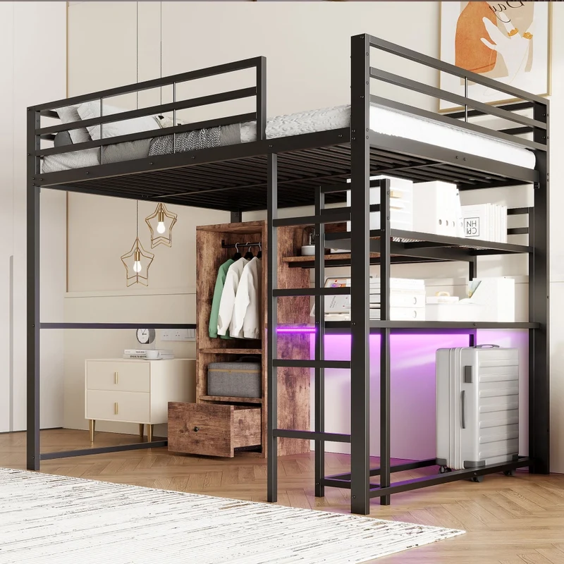 Letto a soppalco 140x200 con scrivania; struttura in metallo e MDF; LED; scala e contenitori; nero