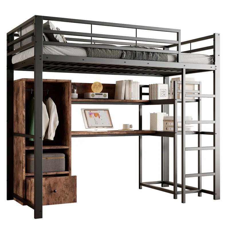 Letto a soppalco 140x200 con scrivania; struttura in metallo e MDF; LED; scala e contenitori; nero