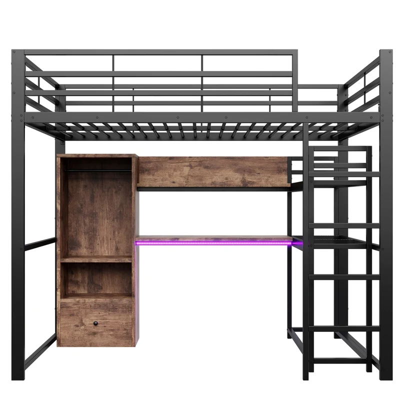 Letto a soppalco 140x200 con scrivania; struttura in metallo e MDF; LED; scala e contenitori; nero