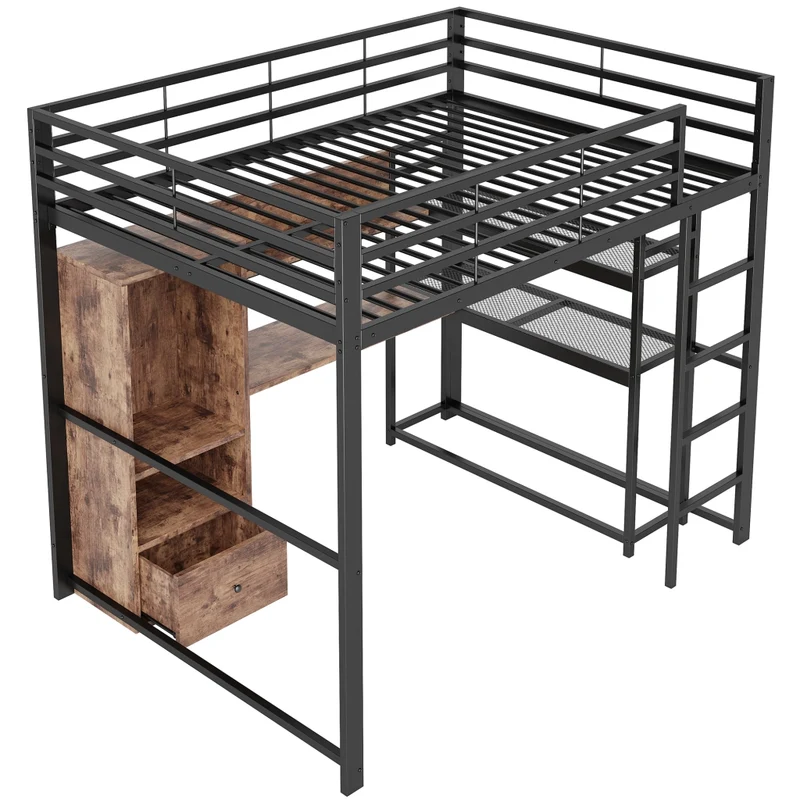 Letto a soppalco 140x200 con scrivania; struttura in metallo e MDF; LED; scala e contenitori; nero