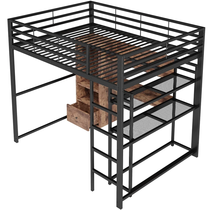Letto a soppalco 140x200 con scrivania; struttura in metallo e MDF; LED; scala e contenitori; nero