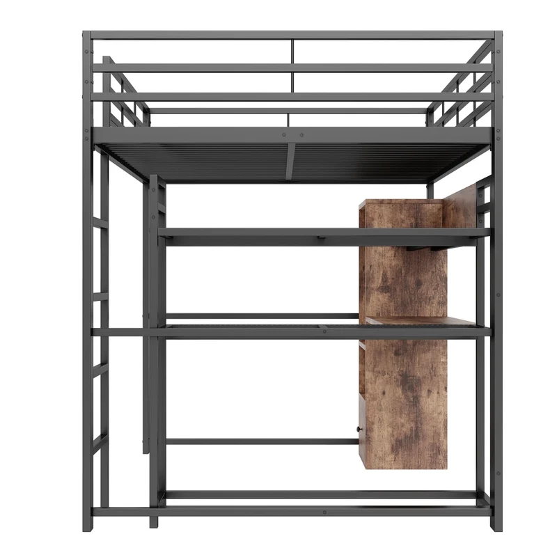 Letto a soppalco 140x200 con scrivania; struttura in metallo e MDF; LED; scala e contenitori; nero