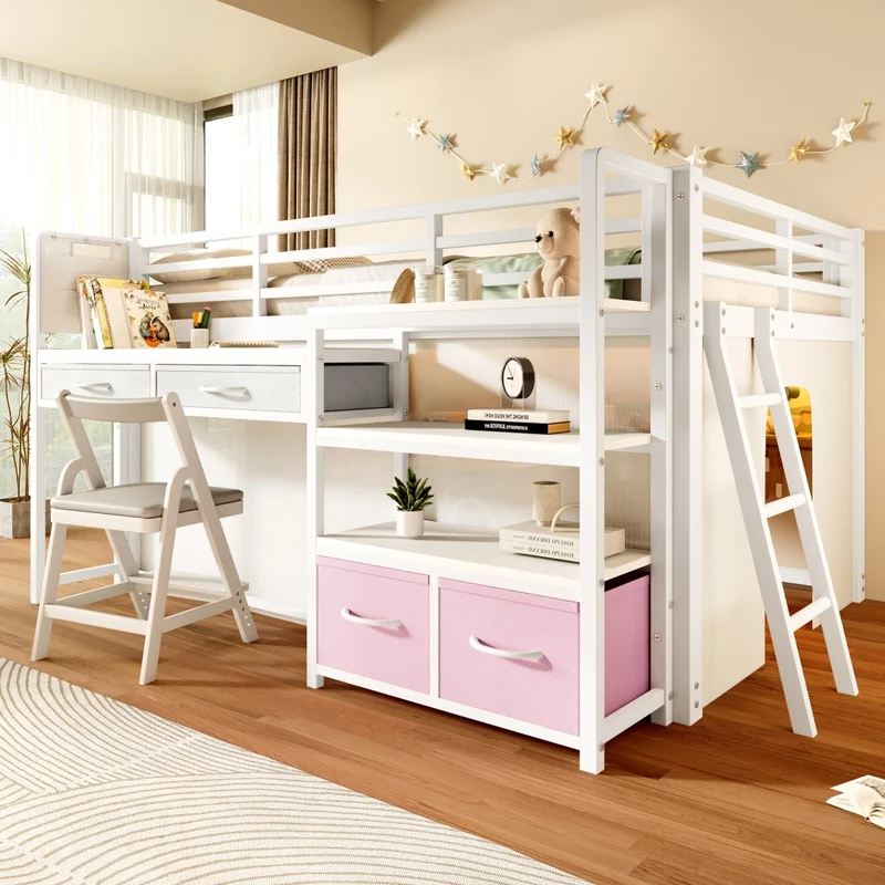 Letto a soppalco 140 x 200 cm con scrivania; scaffali e cassetti; metallo bianco per cameretta