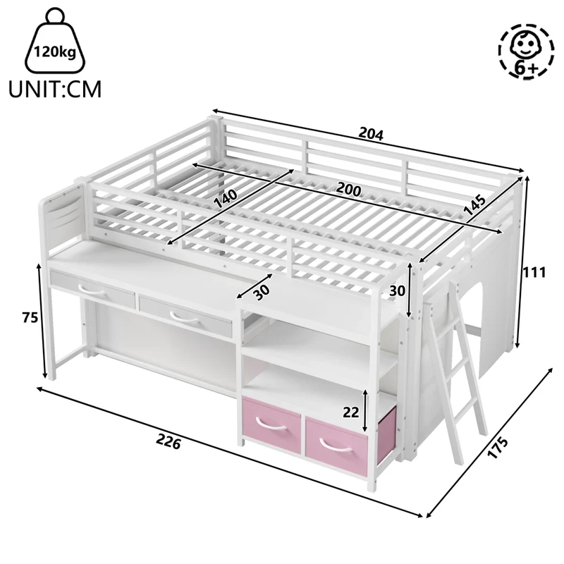 Letto a soppalco 140 x 200 cm con scrivania; scaffali e cassetti; metallo bianco per cameretta