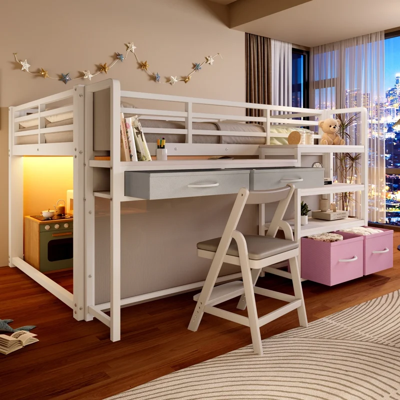 Letto a soppalco 140 x 200 cm con scrivania; scaffali e cassetti; metallo bianco per cameretta