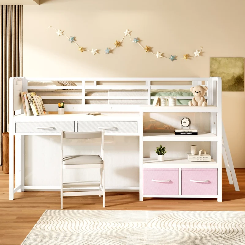 Letto a soppalco 140 x 200 cm con scrivania; scaffali e cassetti; metallo bianco per cameretta