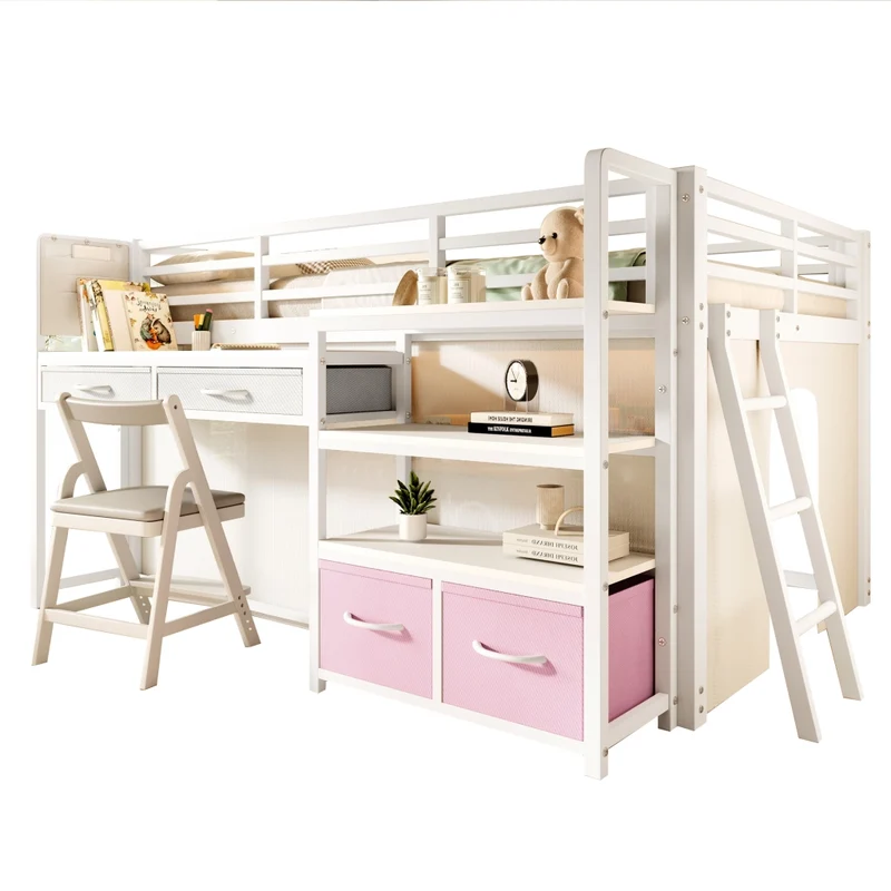 Letto a soppalco 140 x 200 cm con scrivania; scaffali e cassetti; metallo bianco per cameretta
