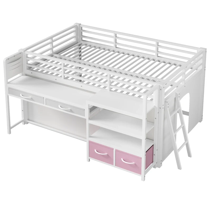 Letto a soppalco 140 x 200 cm con scrivania; scaffali e cassetti; metallo bianco per cameretta