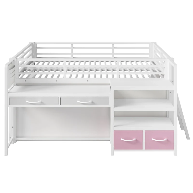 Letto a soppalco 140 x 200 cm con scrivania; scaffali e cassetti; metallo bianco per cameretta