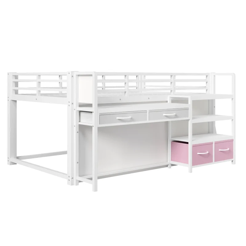 Letto a soppalco 140 x 200 cm con scrivania; scaffali e cassetti; metallo bianco per cameretta