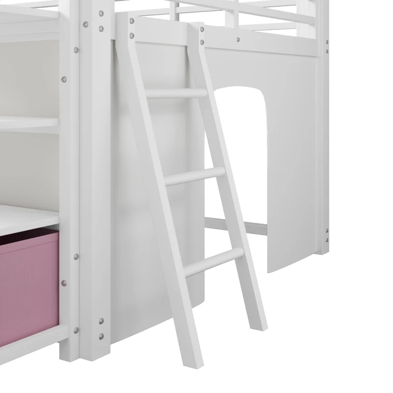 Letto a soppalco 140 x 200 cm con scrivania; scaffali e cassetti; metallo bianco per cameretta