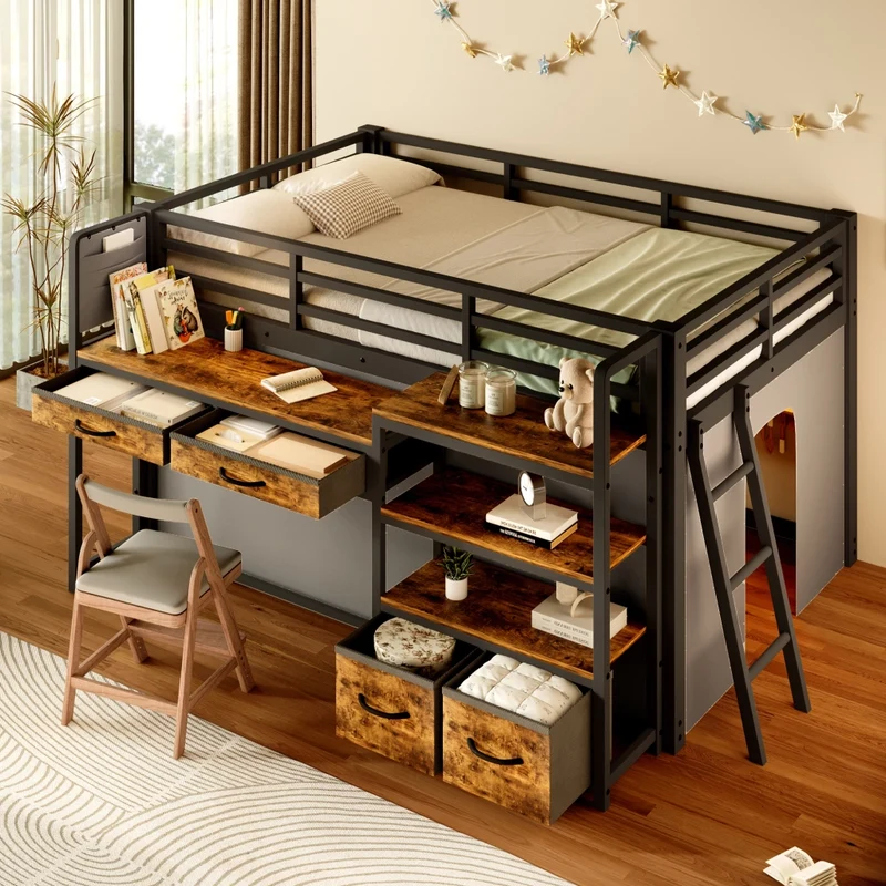 Letto a soppalco 140x200 con scrivania; scaffali; cassetti in tessuto e LED; struttura in metallo nero per cameretta