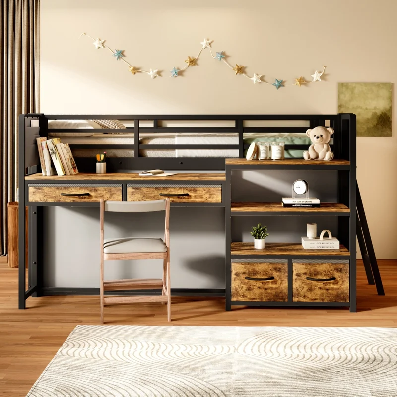Letto a soppalco 140x200 con scrivania; scaffali; cassetti in tessuto e LED; struttura in metallo nero per cameretta