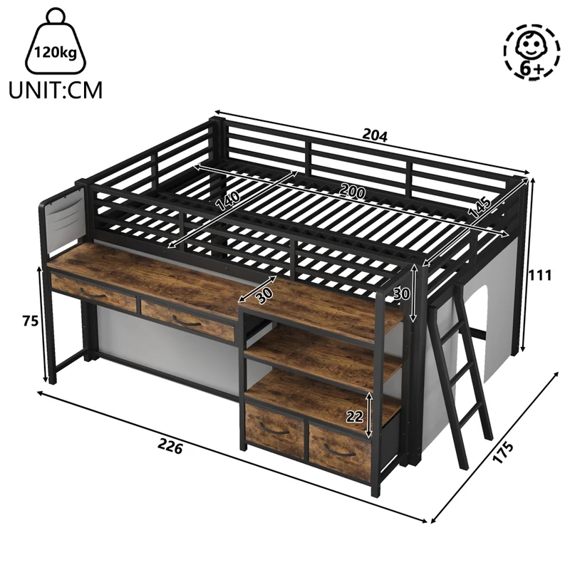 Letto a soppalco 140x200 con scrivania; scaffali; cassetti in tessuto e LED; struttura in metallo nero per cameretta