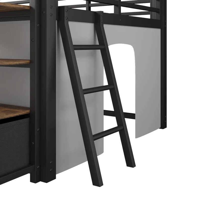 Letto a soppalco 140x200 con scrivania; scaffali; cassetti in tessuto e LED; struttura in metallo nero per cameretta
