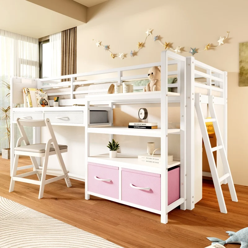 Letto a soppalco 90 x 200 cm con scrivania; scaffali e cassetti in tessuto; metallo bianco per cameretta