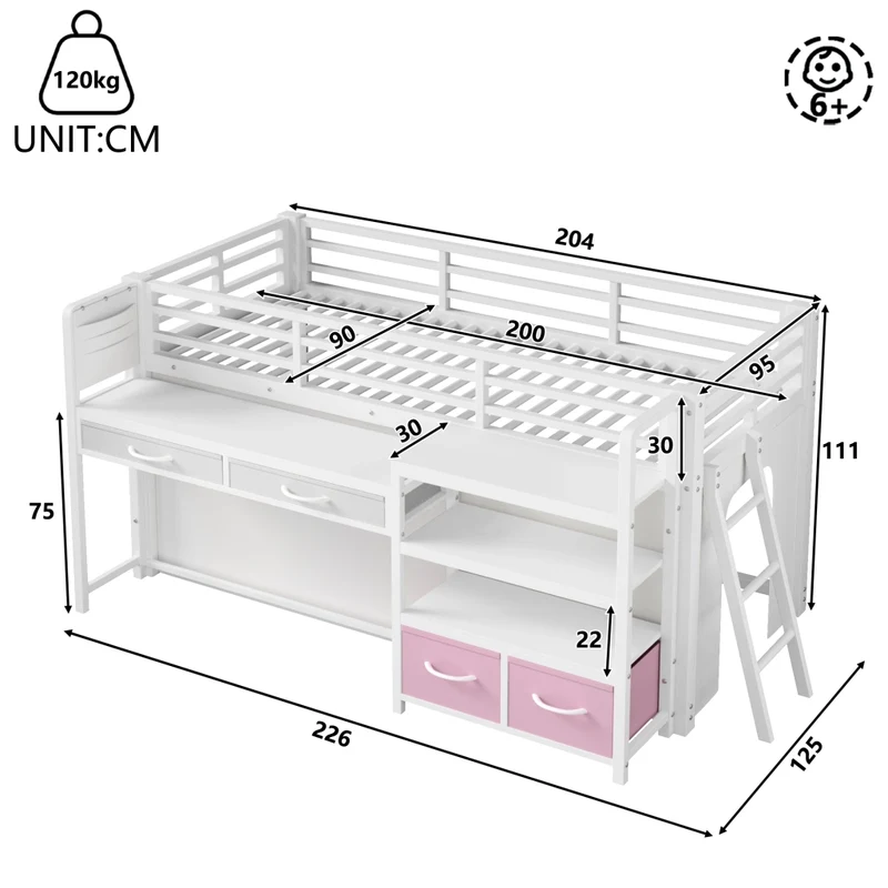 Letto a soppalco 90 x 200 cm con scrivania; scaffali e cassetti in tessuto; metallo bianco per cameretta