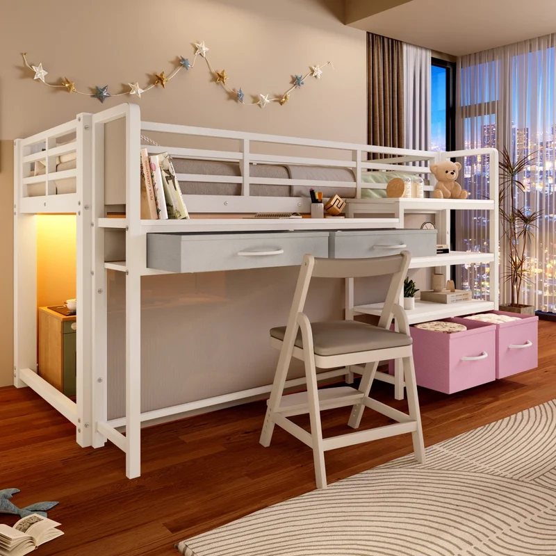 Letto a soppalco 90 x 200 cm con scrivania; scaffali e cassetti in tessuto; metallo bianco per cameretta