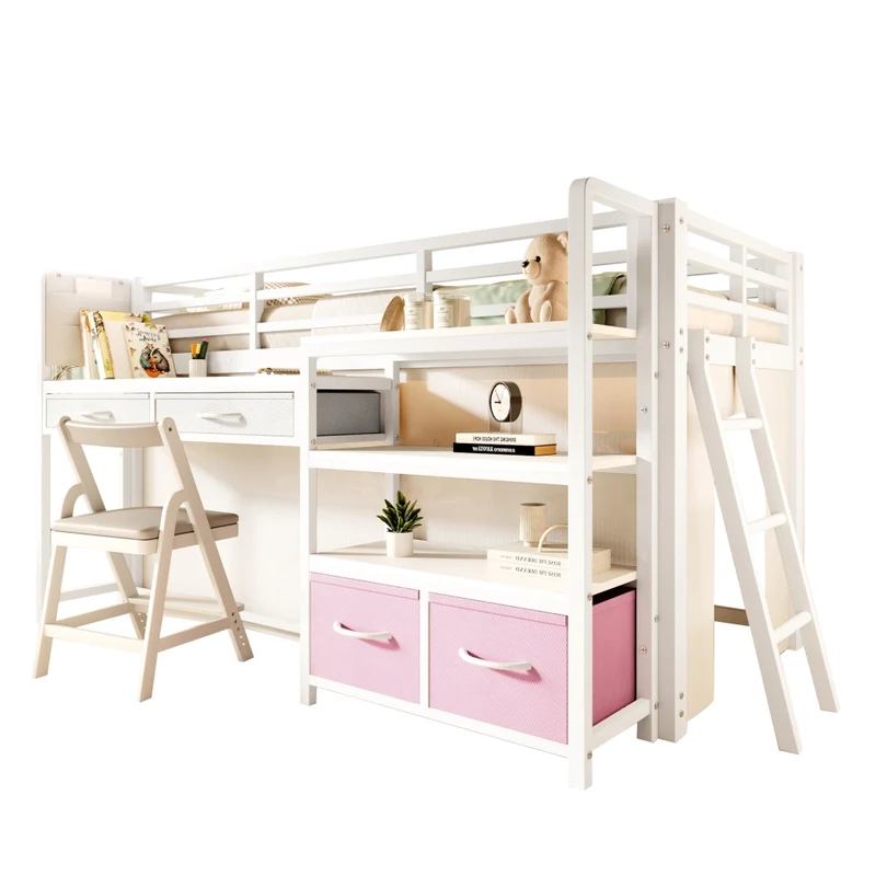 Letto a soppalco 90 x 200 cm con scrivania; scaffali e cassetti in tessuto; metallo bianco per cameretta