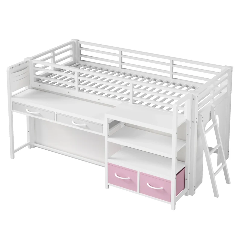 Letto a soppalco 90 x 200 cm con scrivania; scaffali e cassetti in tessuto; metallo bianco per cameretta