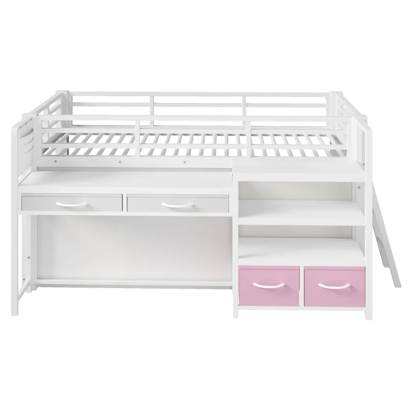 Letto a soppalco 90 x 200 cm con scrivania; scaffali e cassetti in tessuto; metallo bianco per cameretta