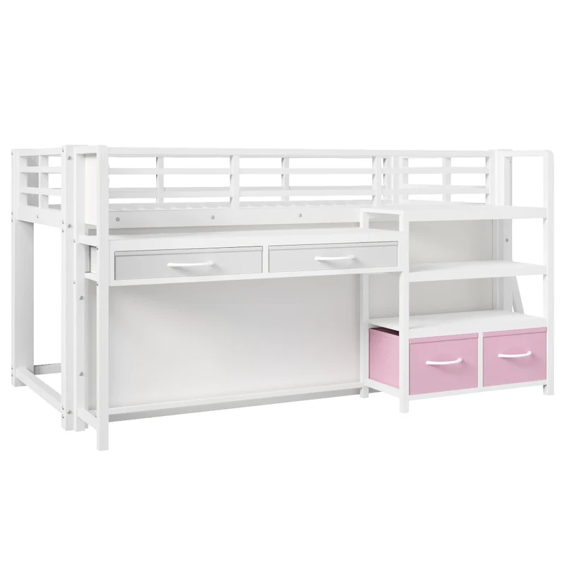 Letto a soppalco 90 x 200 cm con scrivania; scaffali e cassetti in tessuto; metallo bianco per cameretta